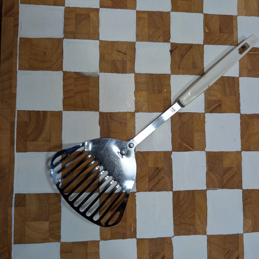 Vintage Androck Spatula USA  Stainless Steel White Plastic Handle Slotted